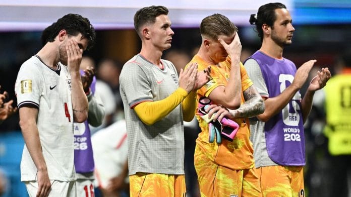 Jordan Pickford, Dean Henderson, James Trafford and Declan Rice of England look dejected after losing against Argentina in the 2026 FIFA World Cup | Dylan Martinez | Reuters
