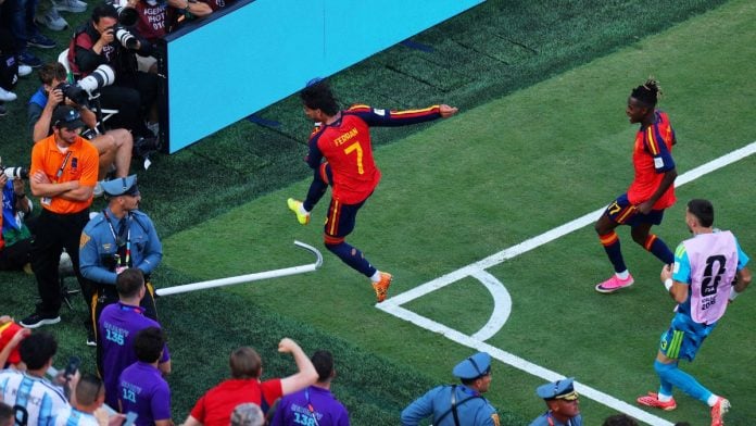 Spain's Ferran Torres celebrates after scoring their first goal against Argentina in the 2026 FIFA World Cup final | Kai Pfaffenbach | Reuters