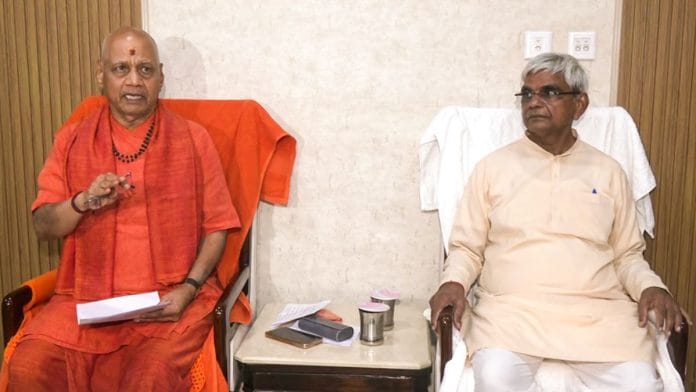 Swami Govind Dev Giri Ji Maharaj, treasurer and Krishna Mohan, new acting general secretary of the Shri Ram Janmabhoomi Teerth Kshetra Trust, at a press conference in Ayodhya Monday | ANI video grab