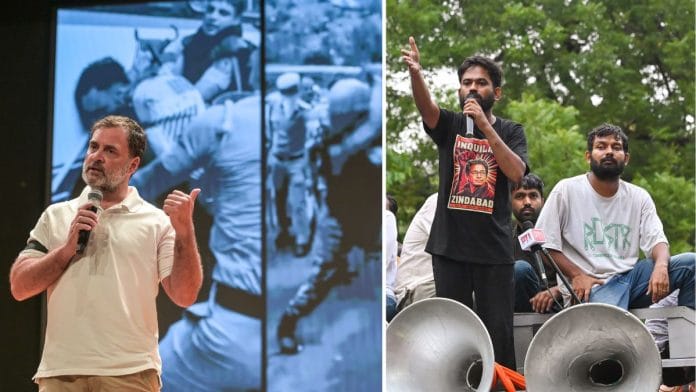 Congress leader Rahul Gandhi at a press conference in New Delhi Wednesday where he slammed police action on protesters during CJP's 'Chalo Sansad' stir; CJP founder Abhijeet Dipke during Monday's protest | Suraj Singh Bisht, ThePrint/ANI