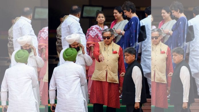 File photo of Congress MPs Priyanka Gandhi, Shashi Tharoor, Manish Tewari, and B. Manickam Tagore with other MPs at Parliament premises | ANI/Rahul Singh