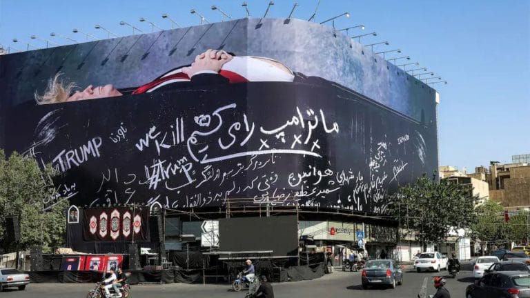 Iranian billboard shows Donald Trump lying in a coffin. ‘We Kill Trump’ reads a slogan