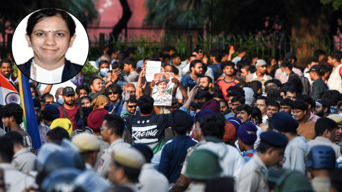 Protesters in Delhi Thursday demand the resignation of education minister Dharmendra Pradhan over NEET and other exam paper leaks and justice for the several lives lost; (inset) judge Anu Grover Baliga, who will now hear all paper leak-related cases | ANI & dcourts.gov.in