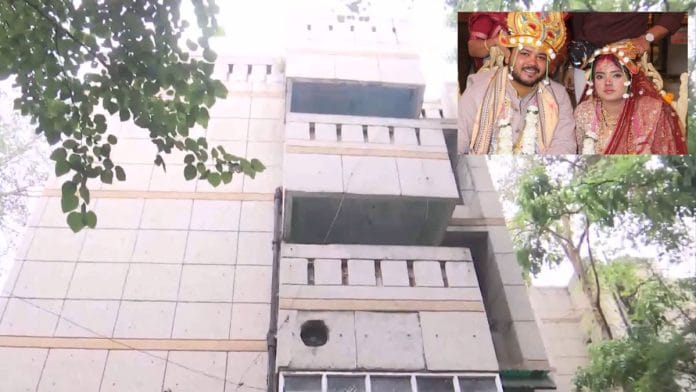 Image of the residential building from where the deceased woman allegedly jumped to her death; (inset) Akriti and Arastu Sikka at their wedding | ANI, special arrangement