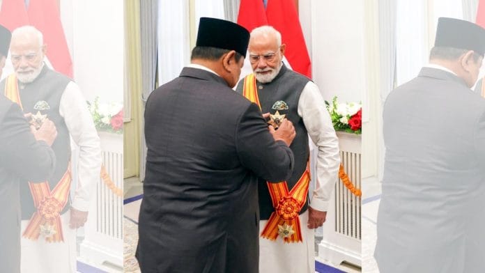 Indonesian President Prabowo Subianto confers the Bintang Adipurna medal on Prime Minister Narendra Modi at the Istana Merdeka, the Presidential Palace, in Jakarta Tuesday | @MEAIndia X/ANI Photo