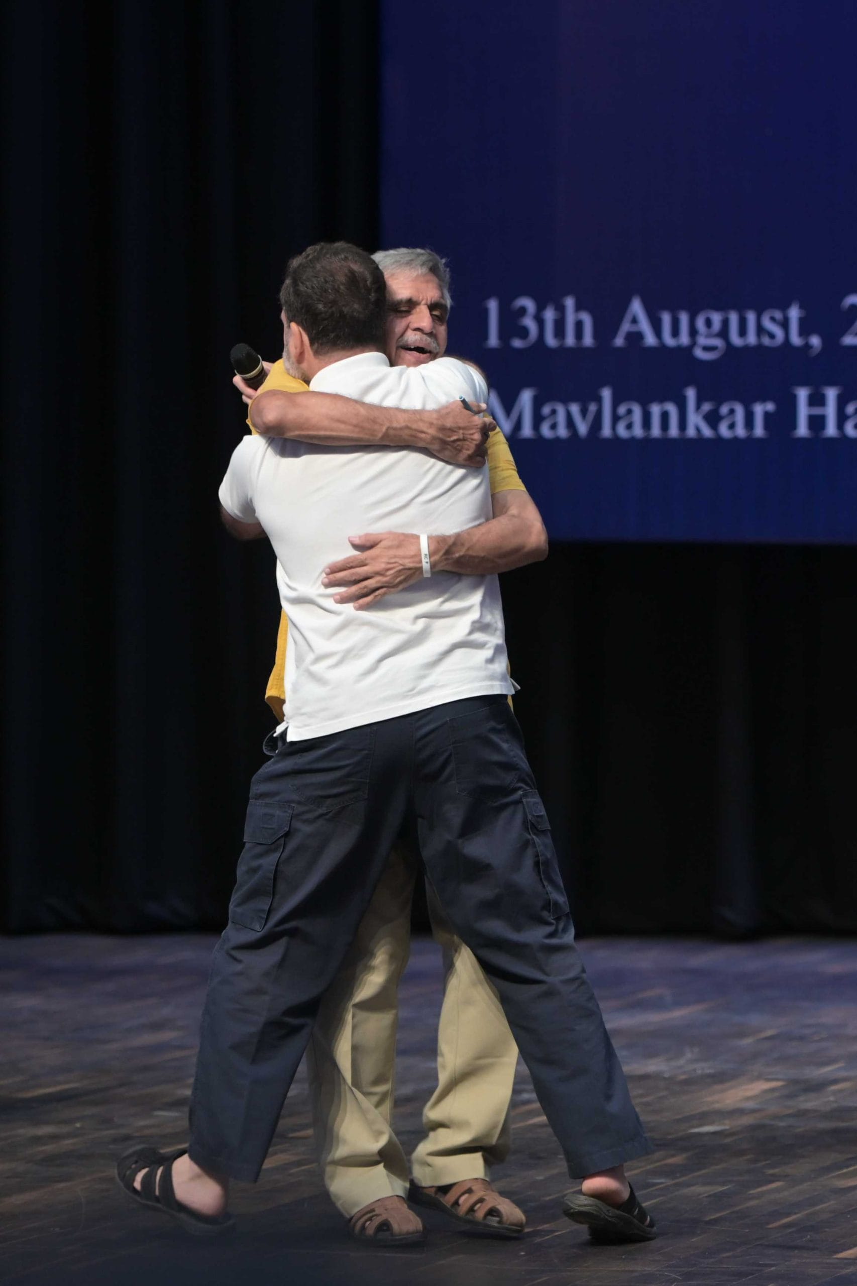 Rahul Gandhi and Sandeep Dikshit share a hug to mock PM Modi at Rachnatmak Congress Organising National Convention in New Delhi on 13 August 2026 | Suraj Singh Bisht/ThePrint