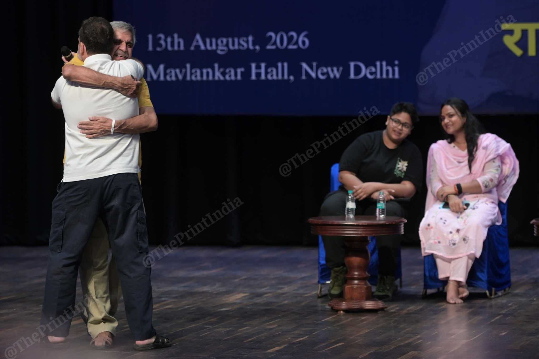 Congress leader Rahul Gandhi hugging Sandeep Dikshit during the Rachnatmak Congress National Convention in New Delhi on 13 August, 2026. | Suraj Singh Bisht/ThePrint