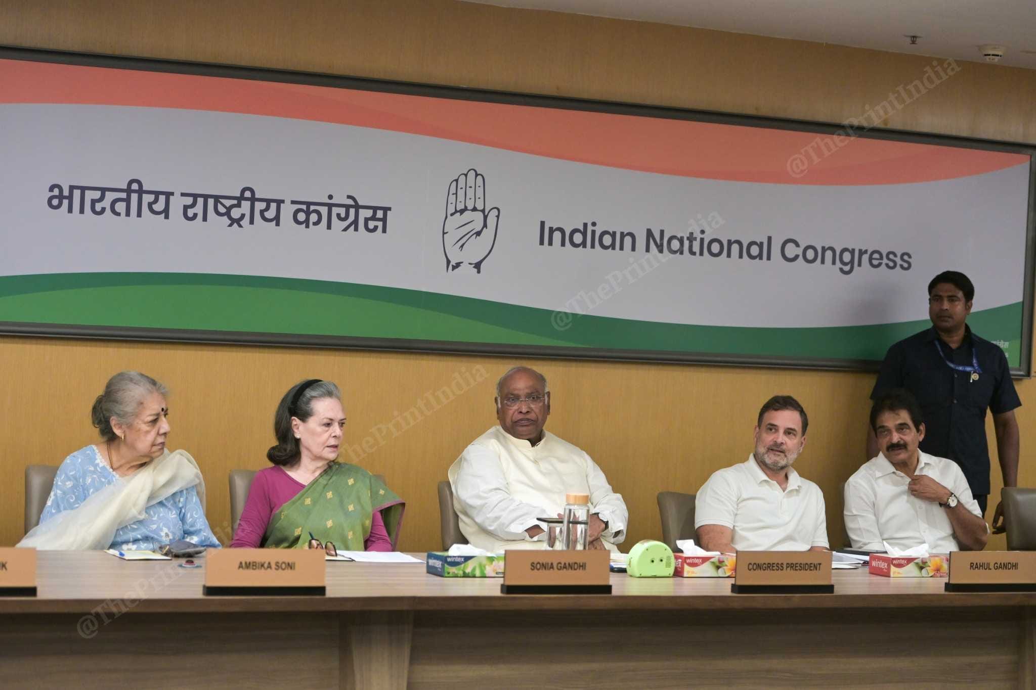 Congress President Mallikarjun Kharge, Sonia Gandhi, Rahul Gandhi, Priyanka Gandhi and other senior leaders during the Congress Working Committee (CWC) meeting at the party office in New Delhi on 19 August, 2026. | Suraj Singh Bisht/ThePrint