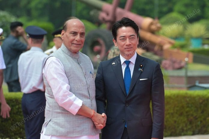 Japan's Defence Minister Shinjirō Koizumi and Union Defence Minister Rajnath Singh at Manekshaw Centre in New Delhi Thursday | Suraj Singh Bisht/ThePrint