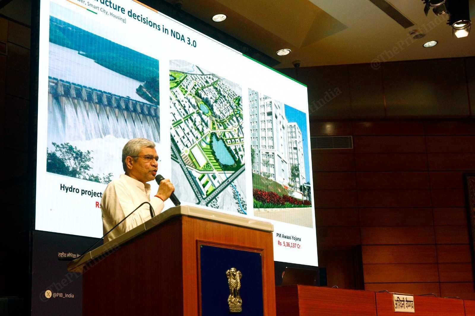 Union Minister Ashwini Vaishnaw briefing the media on Cabinet decisions in New Delhi Thursday. These include the Gobardhan Scheme for bio gas production and distribution, and a four-lane highway from Assam’s Baihata Chariali to Tejpur. | Praveen Jain/ThePrint