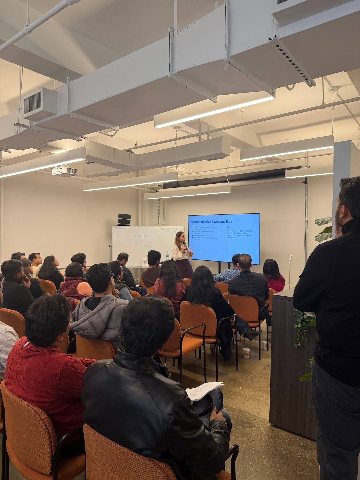 Nupur Dave addressing the attendees at an event in New York for NRIs looking to return to India | By Special Arrangement