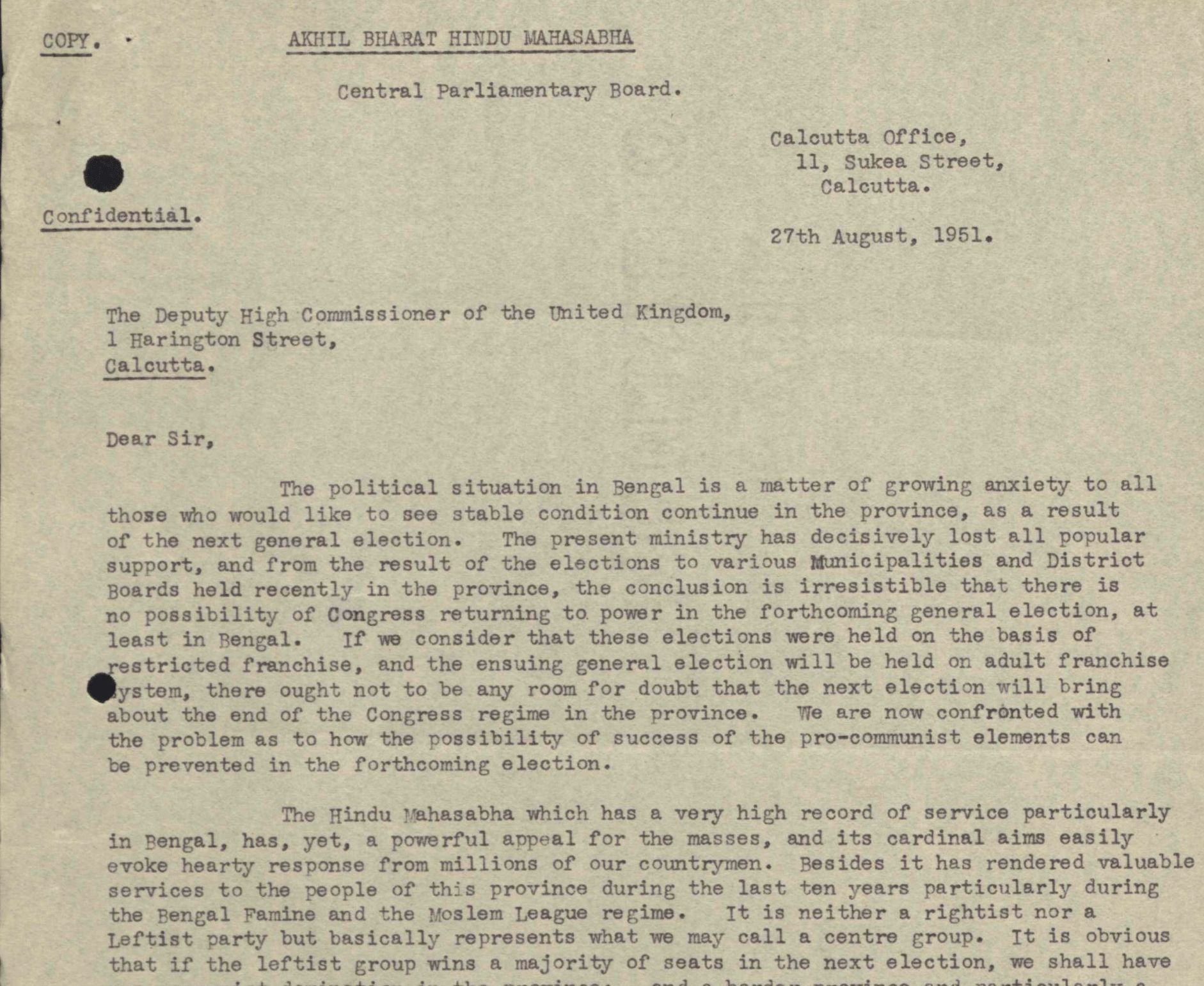 The letter was delivered to the British Deputy High Commissioner in Kolkata by Ashutosh Lahiry, then serving as chairman of the Hindu Mahasabha's parliamentary board | Source: UK National Archives at Kew