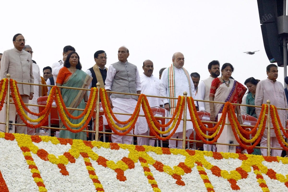 (L-R) CJI Surya Kant with his spouse, Defence Minister Rajnath Singh, Home Minister Amit Shah with her Spouse and Transport Minister Nitin Gadkari at Red Fort | Praveen Jain | ThePrint