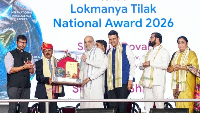 Union Home Minister Amit Shah felicitates NSA Ajit Doval during Lokmanya Tilak National Award 2026 ceremony, in Pune. Maharashtra Chief Minister Devendra Fadnavis, State Dy CMs Eknath Shinde and Sunetra Pawar also present | ANI