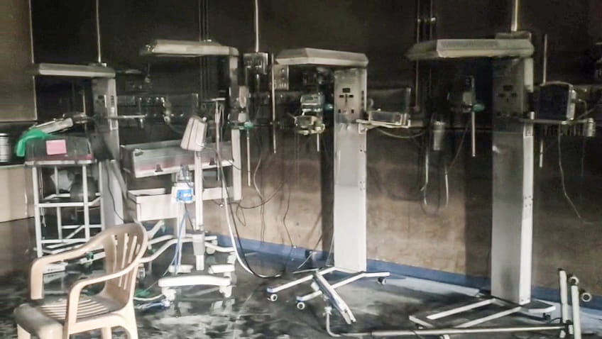 Charred remains of the Neonatal Intensive Care Unit after a fire broke out in District Women's Hospital, claiming lives of three newborn babies, in Amravati on Monday. | ANI Video Grab