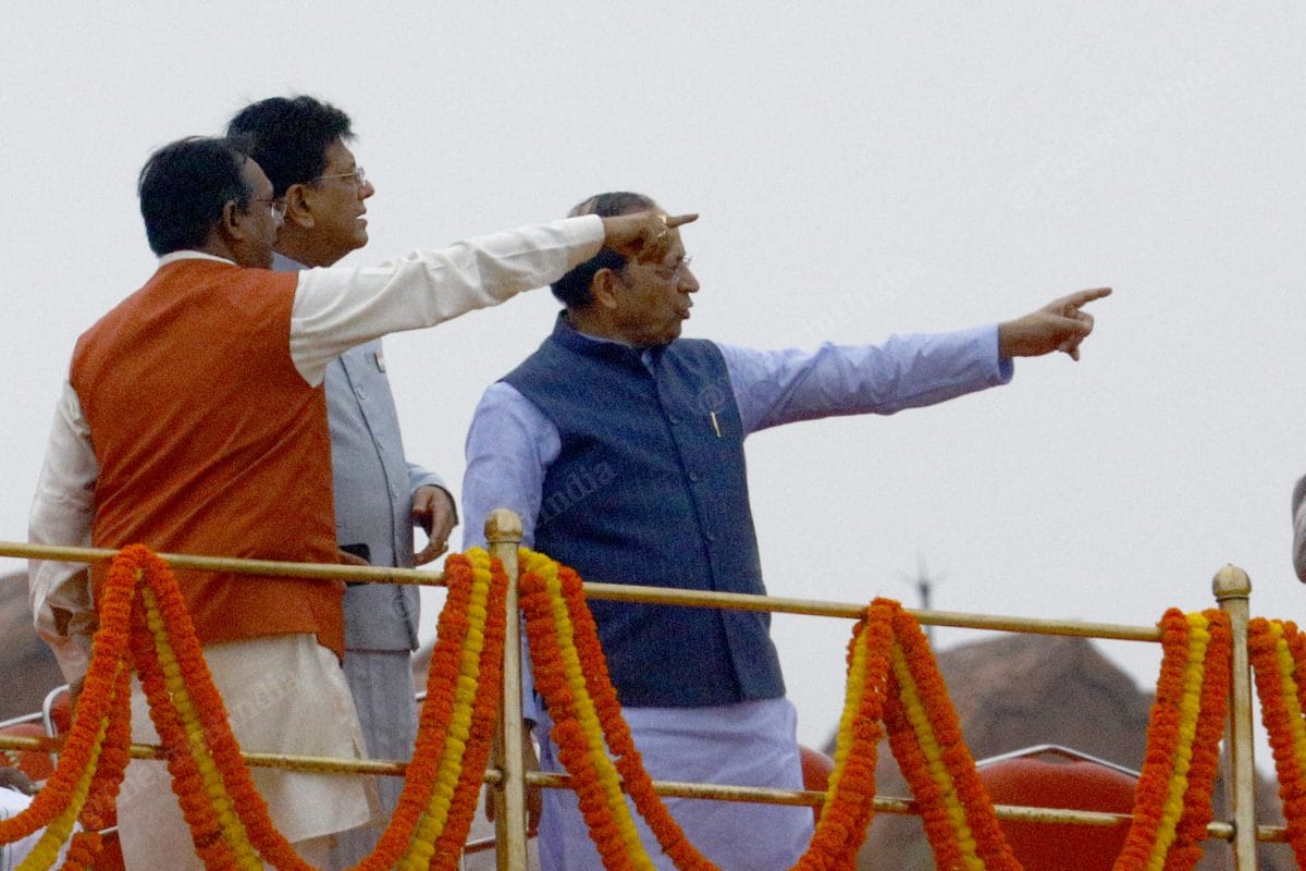Union Minister Piyush Goyal, Harsh Malhotra and National General Secretary Arun Singh at Red Fort | Praveen Jain | ThePrint