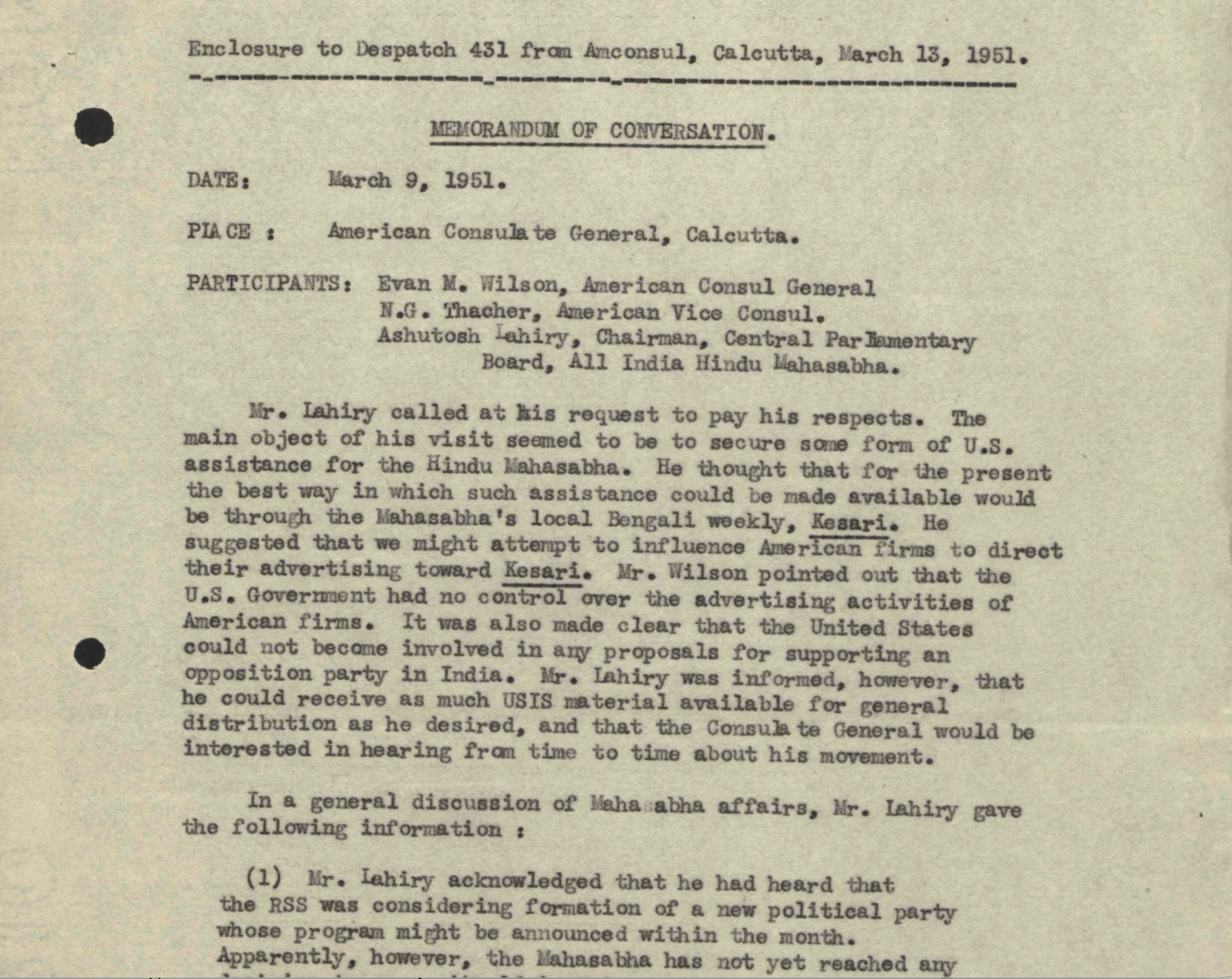 A memo of the conversation between Lahiry and then American Consul-General Evan Wilson and Vice-Consul NG Thacher