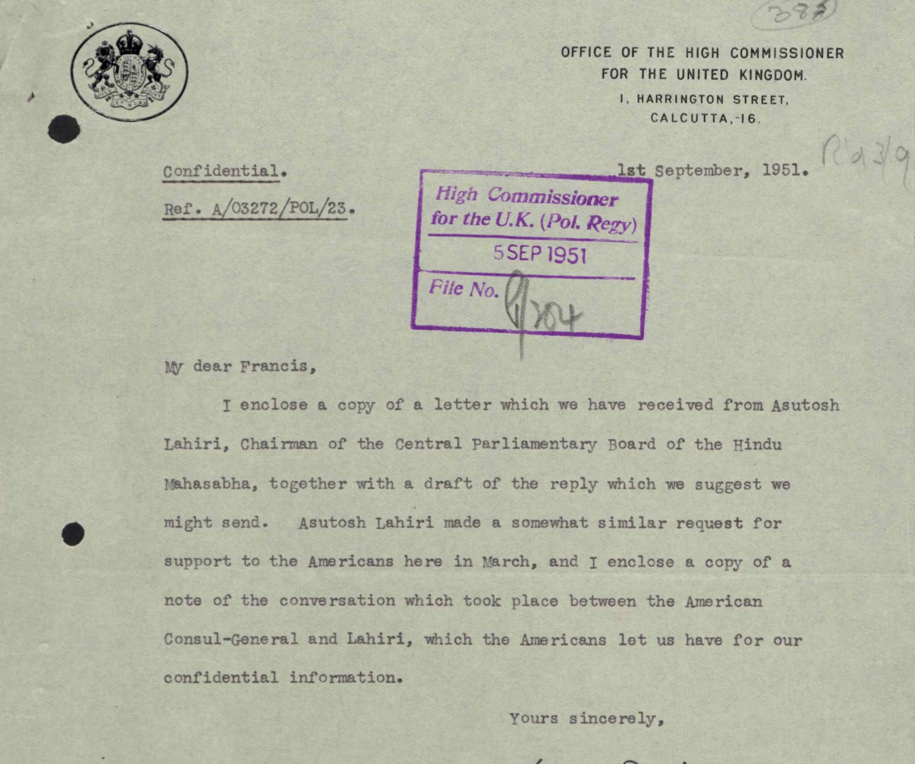 The British High Commission's brief response, drafted on 4 September 1951