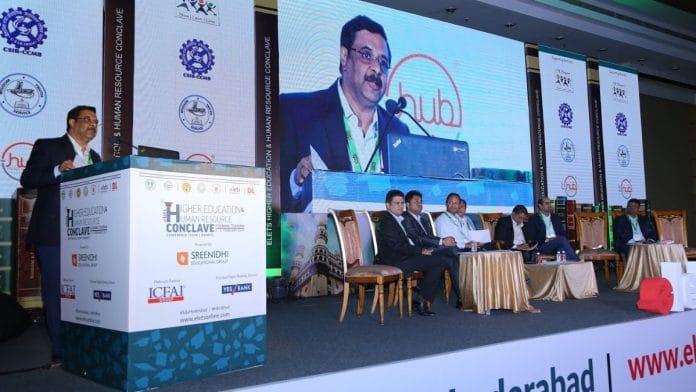 Achyut Menon addressing the audience as a panelist at the 9th Higher Education & Human Resource Conclave, Hyderabad 2019 | By Special Arrangement