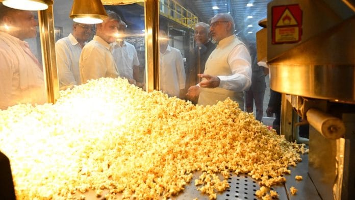 V-P C.P. Radhakrishnan, AP Governor S. Abdul Nazeer, and CM N. Chandrababu Naidu at Gourmet Popcornica’s factory in Eluru on 24 August, 2026 | X@ncbn
