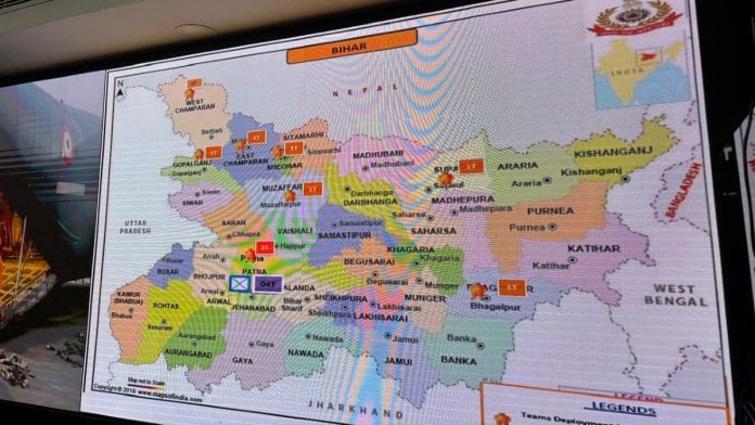 Map showing NDRF deployment in Bihar displayed during briefing by IG Narendra Singh Bundela in New Delhi on 27 August, 2026 | Samridhi Tewari/ThePrint