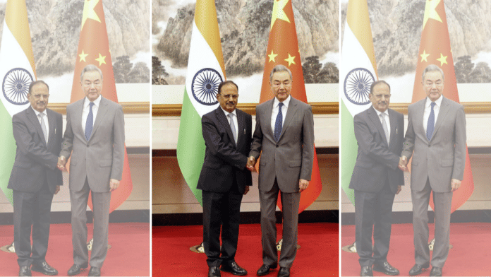 NSA Ajit Doval with Chinese Foreign Minister Wang Yi at the 25th Meeting of SRs (Special Representatives), in Beijing on Tuesday | @EOIBeijing X/ANI
