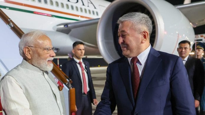 PM Narendra Modi arrives in Bishkek, Kyrgyzstan, where he was warmly received by Cabinet Chairman Adylbek Kasymaliev. (Credit: @PMOIndia/X)