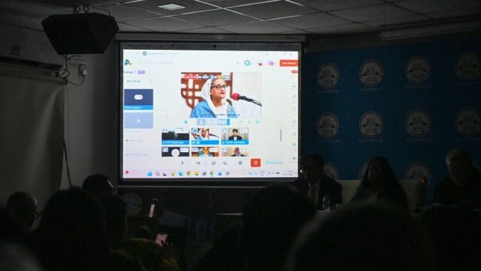 Former Bangladesh PM Sheikh Hasina delivers a speech via audio at a session organised by the Foreign Correspondents’ Club of South Asia in New Delhi in January this year. She had not interacted with the press then but did so at another session Tuesday | ANI