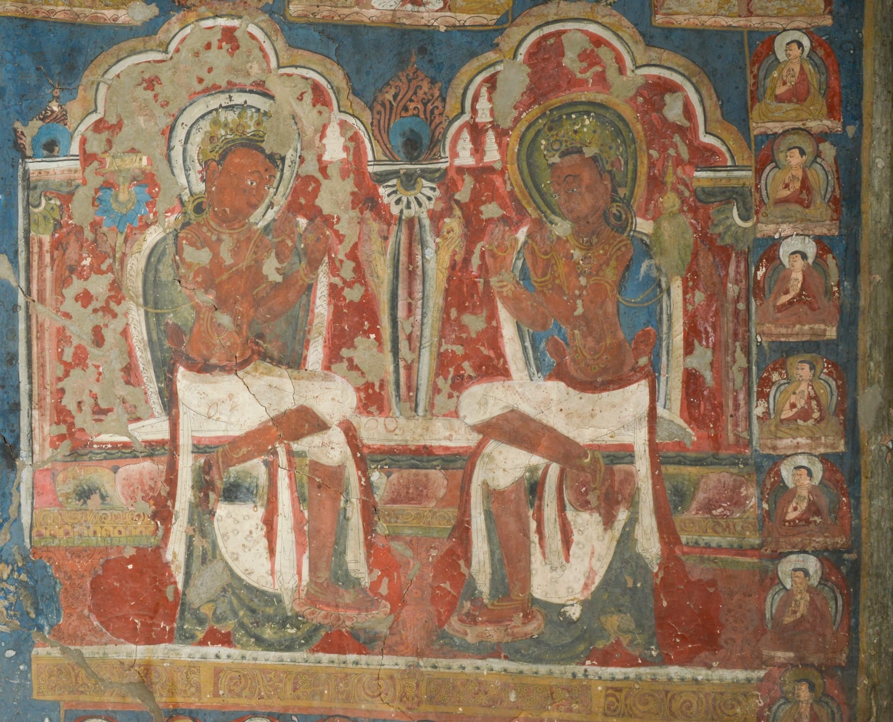 Wall Painting of Manjushri and Maitreya, main cave Saspol; Leh-Ladakh, India; c. 15th century | Photo: Vskmenon, 2018 | Wikimedia Commons