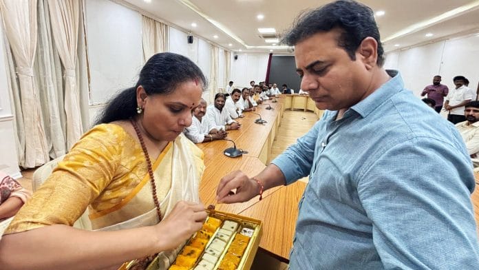 Representational | File photo of K Kavitha and KTR exchanging sweets at BRS HQ in New Delhi on 27 August, 2024 | ANI