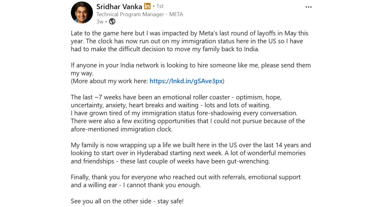 Sridhar Vanka's LinkedIn post