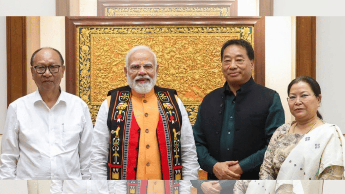 Deputy CMs Losii Dikho and Nemcha Kipgen with Manipur Chief Minister Yumnam Khemchand Singh and Prime Minister Narendra Modi | File photo | Source: Losii Dikho/X