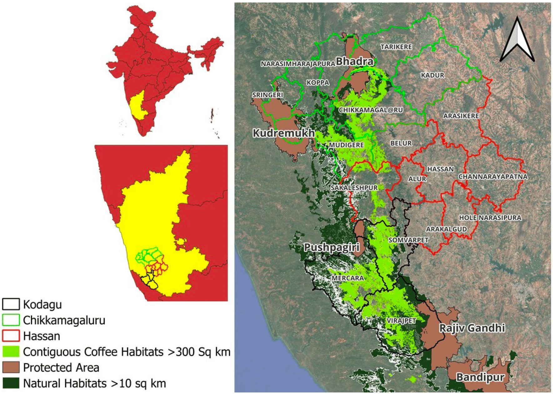 Map showing location of Kodagu-Chikkamagaluru-Hassan landscape with natural forests and coffee land covers