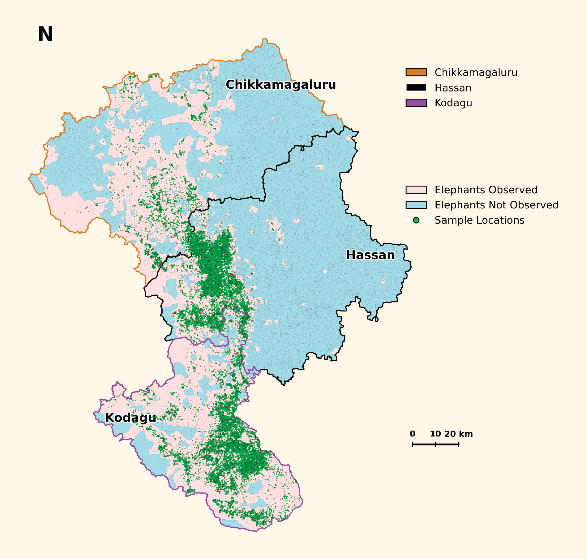Map showing the locations of elephant presence in villages in Kodagu-Hassan-Chikkamgalur landscape