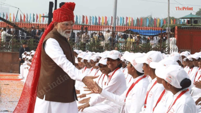 Prime Minister Narendra Modi interacts with students at the Independence Day function in Delhi on Saturday | Praveen Jain | ThePrint