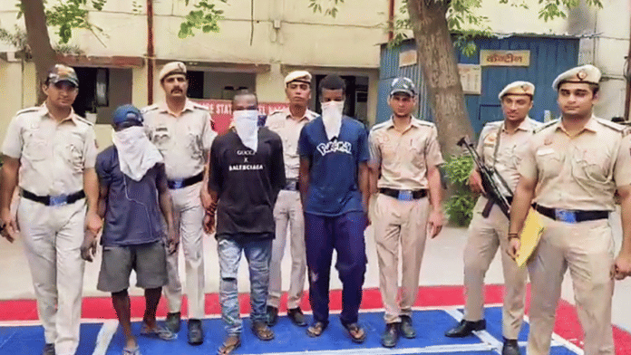 Representational image of Delhi Police personnel with foreign nationals arrested in a drugs case | Delhi Police/ANI