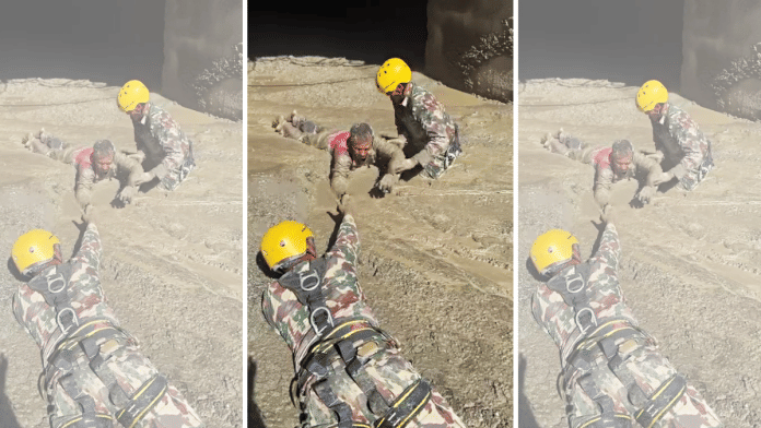 Nepal Army personnel rescue people trapped inside the Rasuwa tunnel following a mud-laden flash flood caused by an outburst in the Bhotekoshi River, in Rasuwa on Friday | Nepal Army/ANI