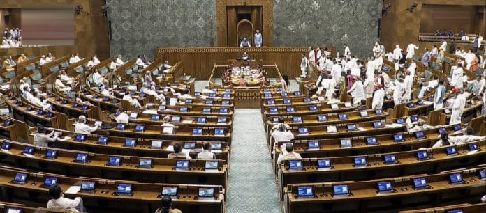 Opposition MPs stage a protest in the Lok Sabha during the ongoing Monsoon session of Parliament, in New Delhi, Monday, Aug. 3, 2026, 2026. | PTI