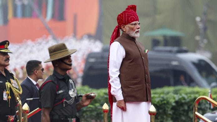 Prime Minister Narendra Modi during the 8oth Independence Day celebrations, at Red Fort in New Delhi. | PMO/PTI