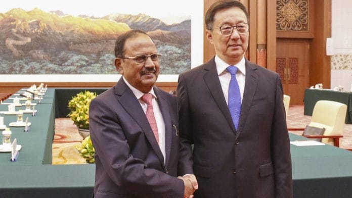 National Security Advisor (NSA) Ajit Doval during a meeting with Vice President of China Han Zheng, in Beijing, China. (@EOIBeijing/X via PTI Photo)