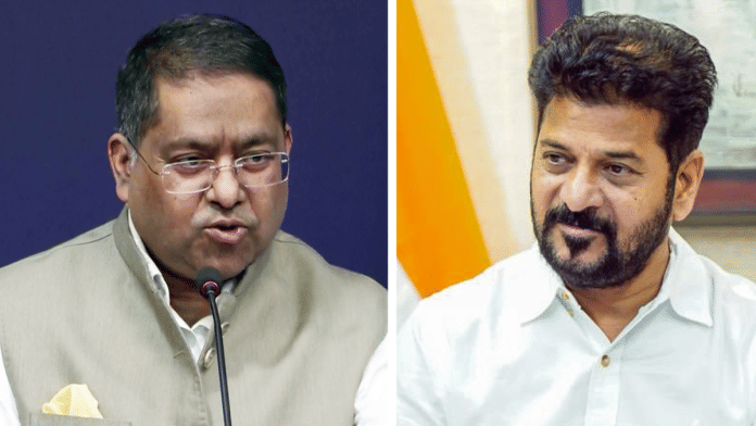MEA spokesperson Randhir Jaiswal at a press conference in Delhi; file photo of Telangana CM Revanth Reddy | ANI
