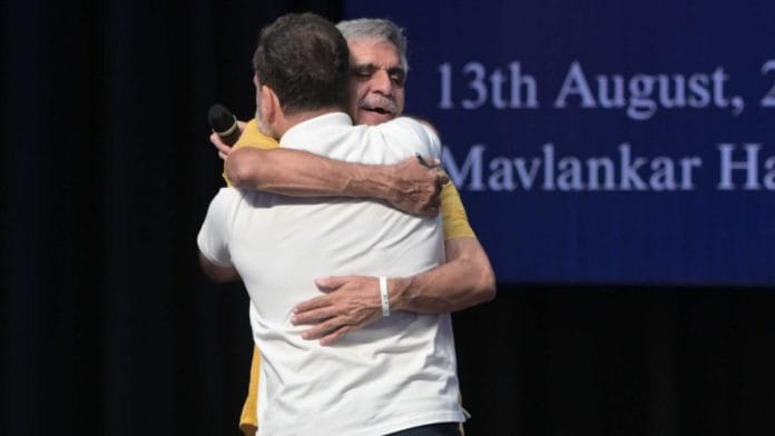 Lok Sabha LoP Rahul Gandhi hugging Congress leader Sandeep Dikshit to mock PM Modi at Rachnatmak Congress Organising National Convention in New Delhi on 13 August 2026 | Suraj Singh Bisht/ThePrint