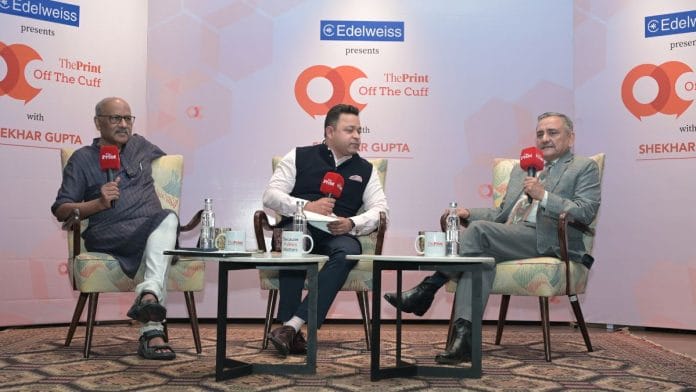 Former Chief of Defence Staff Gen Anil Chauhan (Retd) in conversation with ThePrint Editor-in-Chief Shekhar Gupta and Editor (Defence & Diplomacy) Snehesh Alex Philip at Off The Cuff | Suraj Singh Bisht | ThePrint