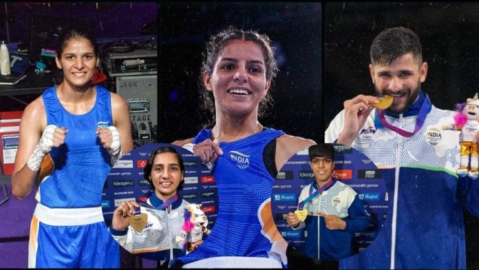 (Clockwise from left) Boxers Jaismine Lamboria, Sakshi Chaudhary, Sachin Siwach, Priya Ghanghas and Preeti Pawar in Glasgow | ANI, PTI