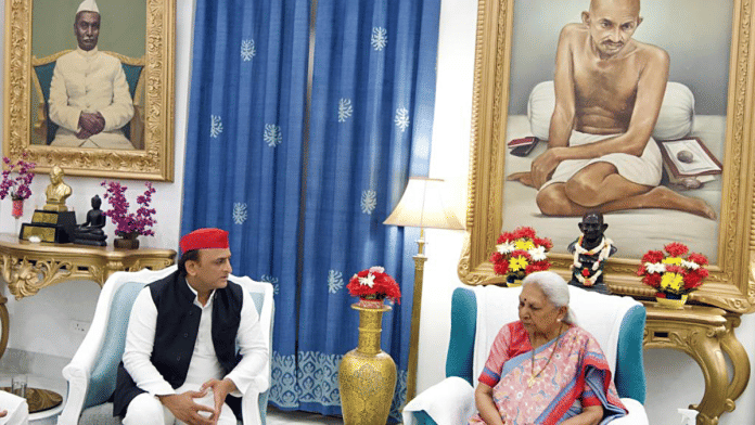 File photo of Samajwadi Party chief Akhilesh Yadav with Uttar Pradesh Governor Anandiben Patel in Lucknow | ANI
