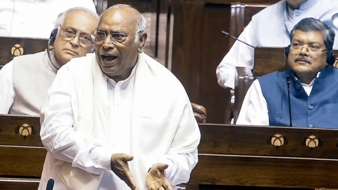 File photo of Leader of the Opposition in Rajya Sabha Mallikarjun Kharge speaking in the Upper House of Parliament during the Monsoon session | ANI