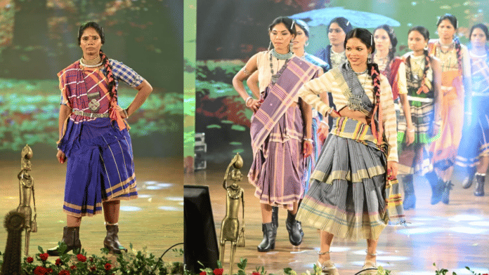 Punem Deve (left) was one of 9 former Maoist cadres who walked the ramp during the event organised by state’s Handloom Federation, Raipur. | By special arrangement