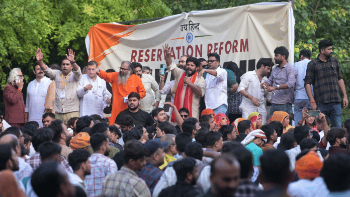 Protesters under the banner of ‘Reservation Hatao Andolan’ gather at Jantar Mantar in New Delhi on Friday | Suraj Singh Bisht | ThePrint