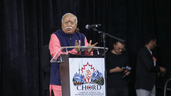 RSS chief Mohan Bhagwat addresses the event in Toronto | By Special Arrangement