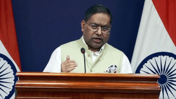 MEA Spokesperson Randhir Jaiswal addresses a press conference in New Delhi on Tuesday. | ANI